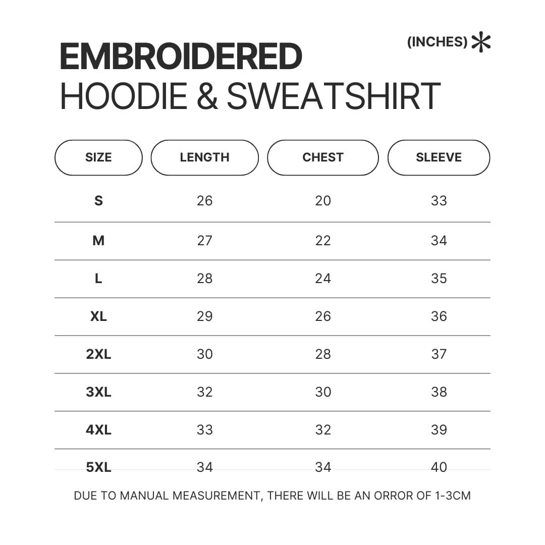 Embroidered Hoodie Sweatshirt Size Chart - Cinnamoroll Shop