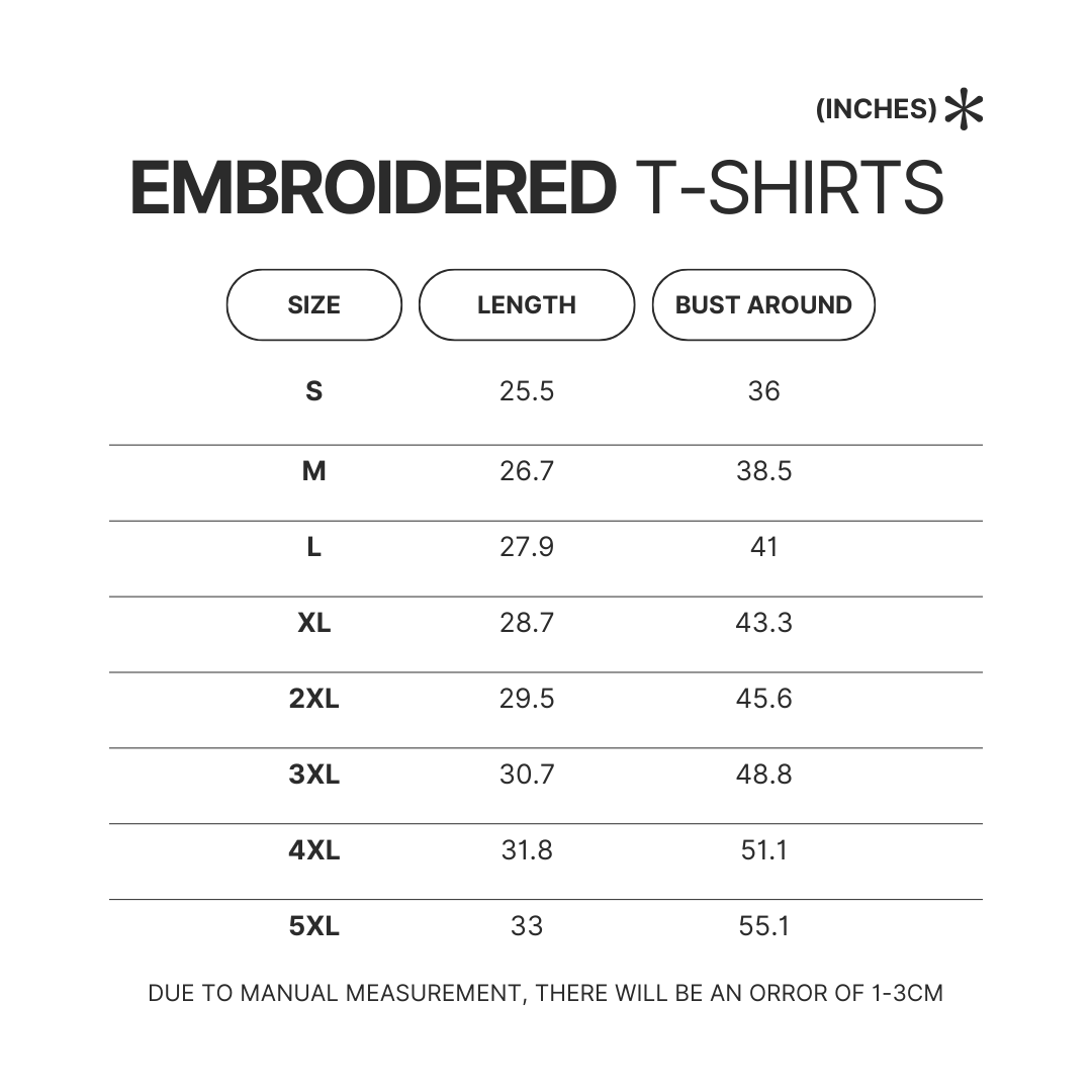 Embroidered T shirt Size Chart - Cinnamoroll Shop